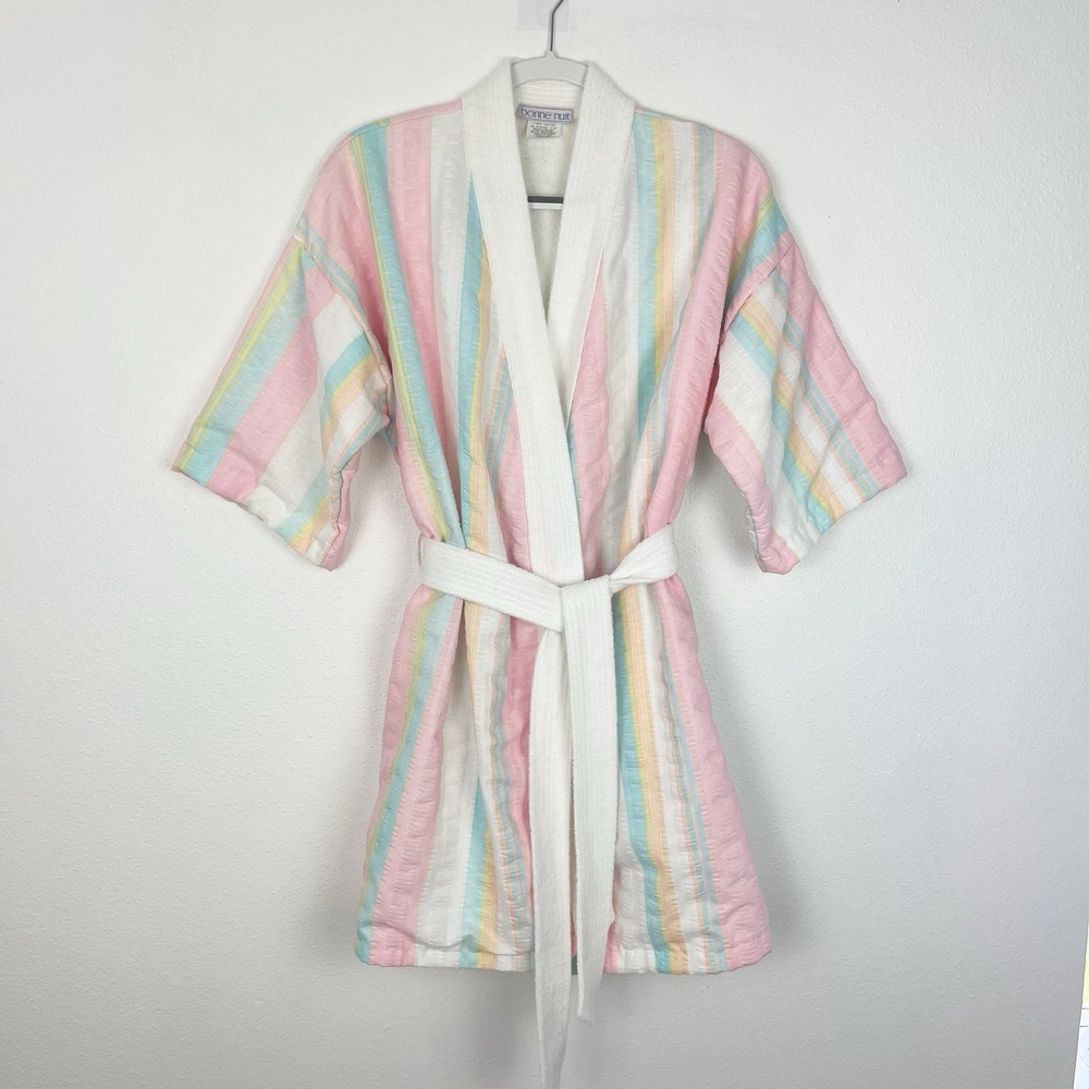 Vintage Robe Short Seersucker Terry Cloth - Picture 2 of 11